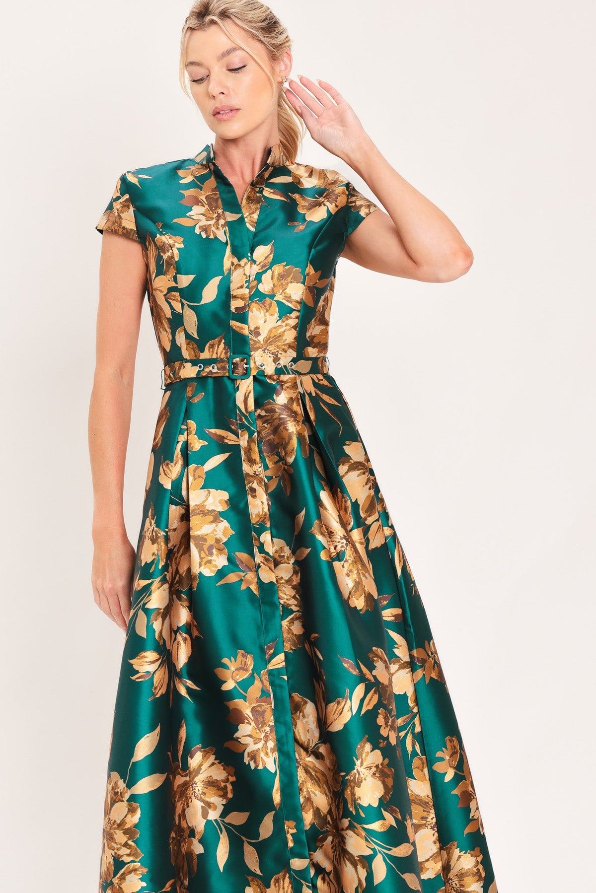 EMERALD GOLDEN BLOOM WOVEN MAXI DRESS - Glamourous Grace