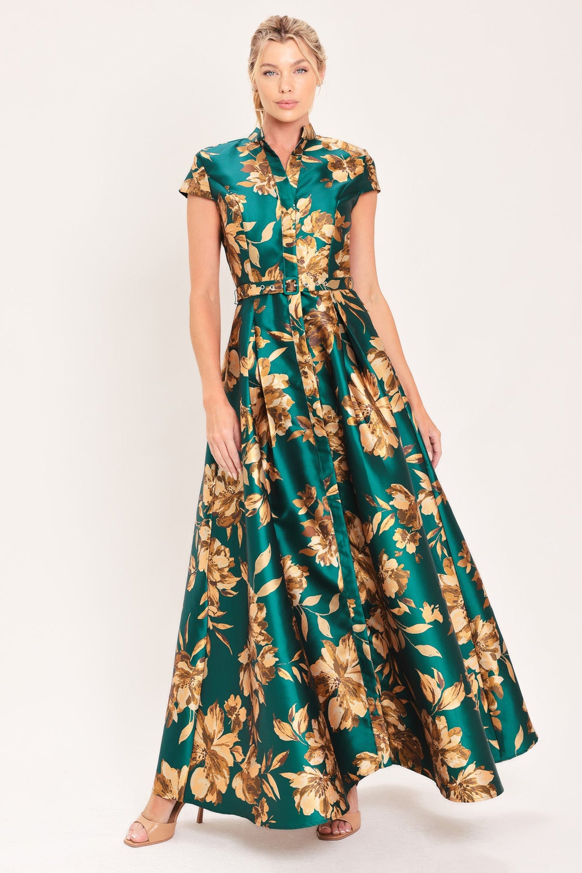 EMERALD GOLDEN BLOOM WOVEN MAXI DRESS - Glamourous Grace