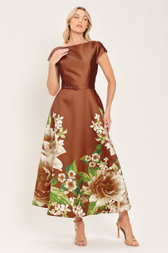 RUST REVERIE RUST PRINTED BELTED CIRCLE-SKIRT MIDI DRESS