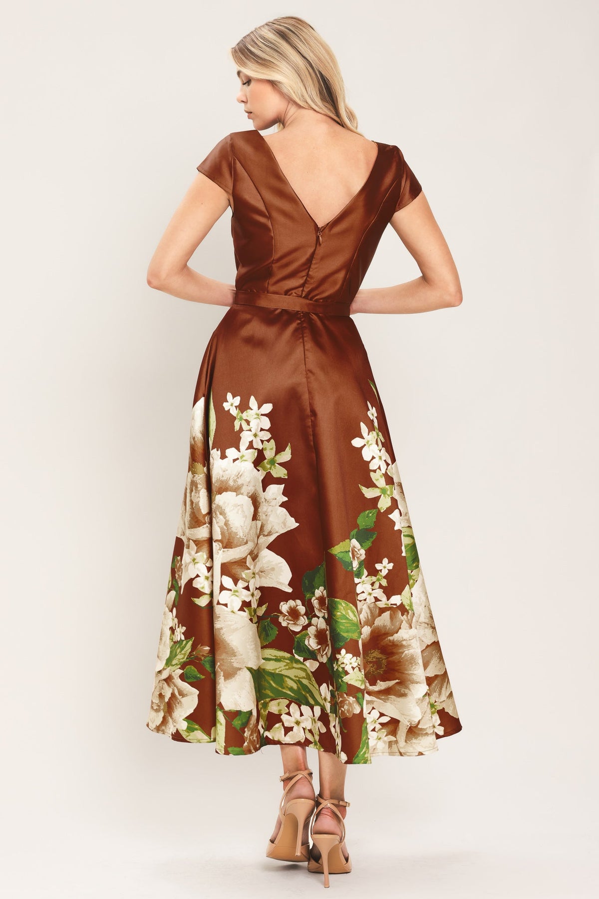 RUST REVERIE RUST PRINTED BELTED CIRCLE-SKIRT MIDI DRESS