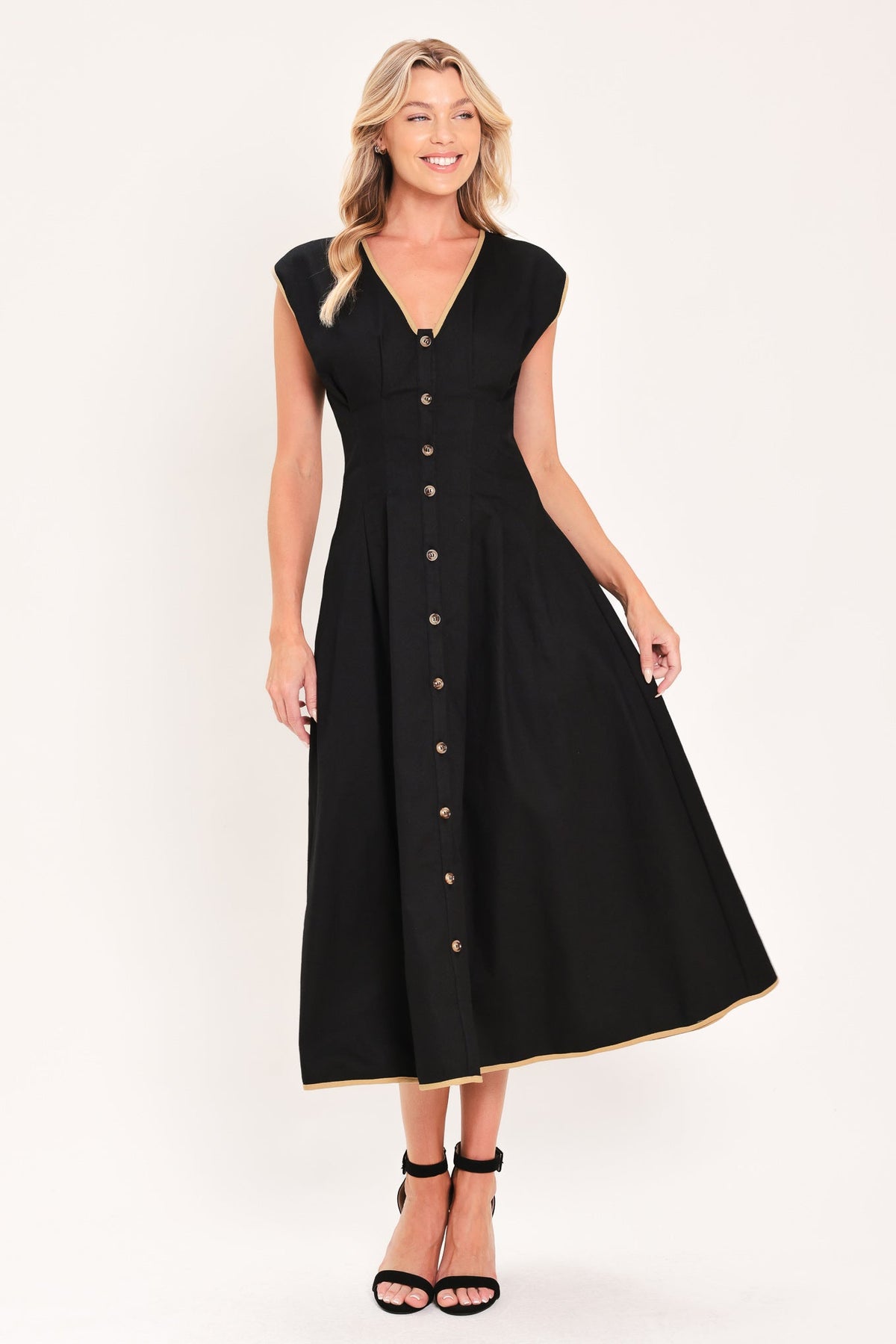 NIGHTFALL GOLD ACCENT WOVEN MIDI DRESS - Glamourous Grace