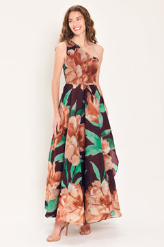 VINTAGE MERLOT WINE PRINTED ONE-SHOULDER MAXI DRESS