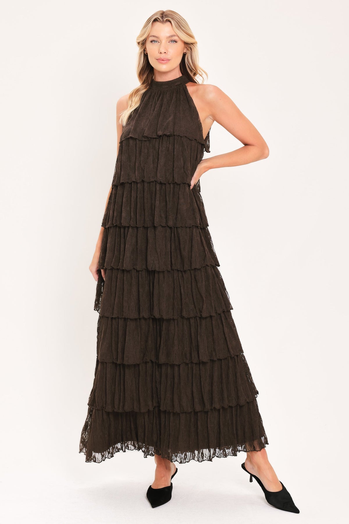 DEEP BROWN LACE DRIFT HALTER WOVEN MAXI DRESS - Glamourous Grace