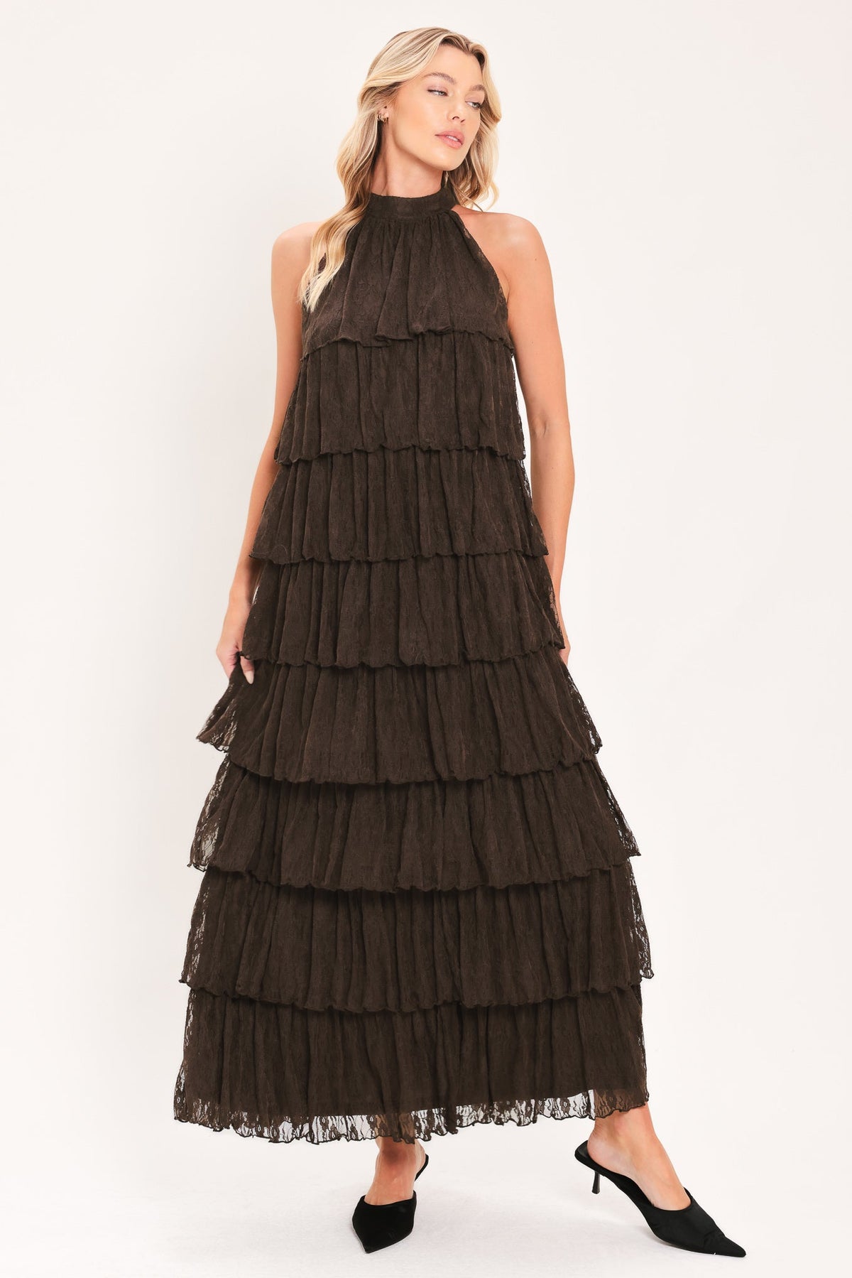 DEEP BROWN LACE DRIFT HALTER WOVEN MAXI DRESS - Glamourous Grace
