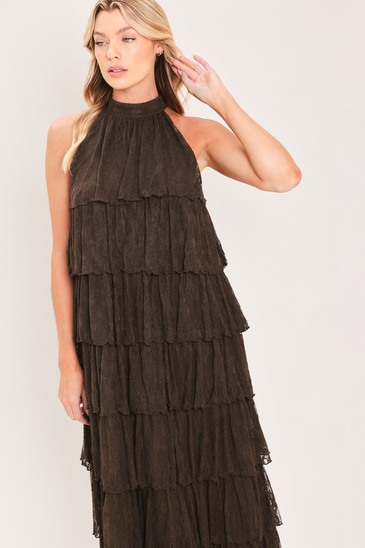 DEEP BROWN LACE DRIFT HALTER WOVEN MAXI DRESS - Glamourous Grace