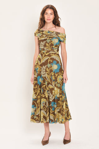 TEAL TEMPTATION BROWN/TEAL DRAPED ONE-SHOULDER MESH MIDI DRESS