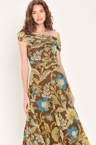 TEAL TEMPTATION BROWN/TEAL DRAPED ONE-SHOULDER MESH MIDI DRESS