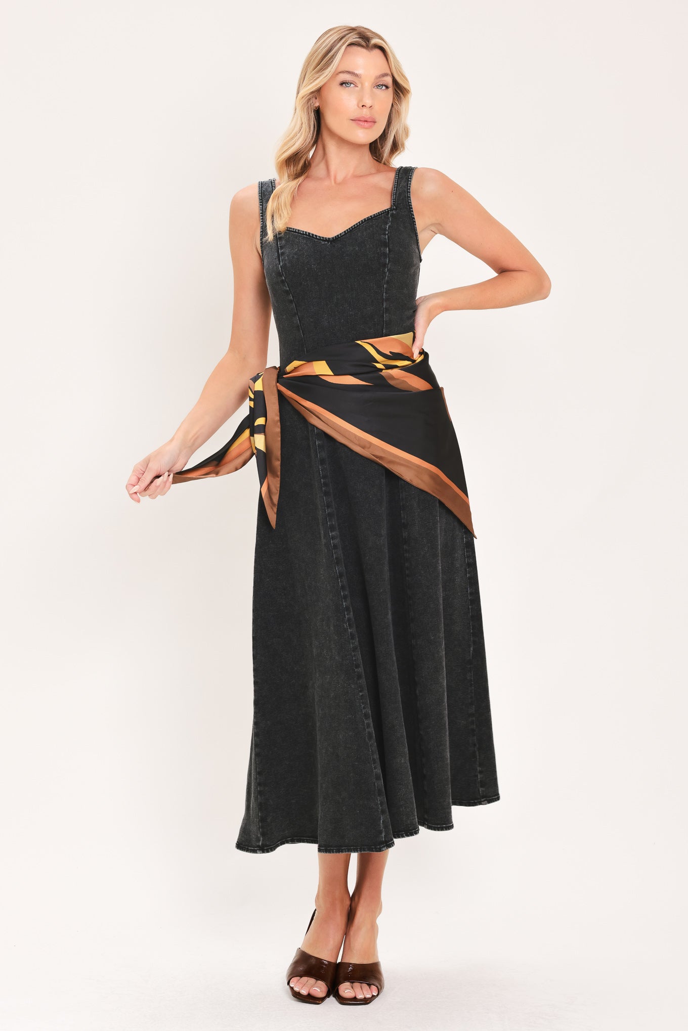 DARKWASH SCARF ELEGANCE DENIM MIDI DRESS - Glamourous Grace