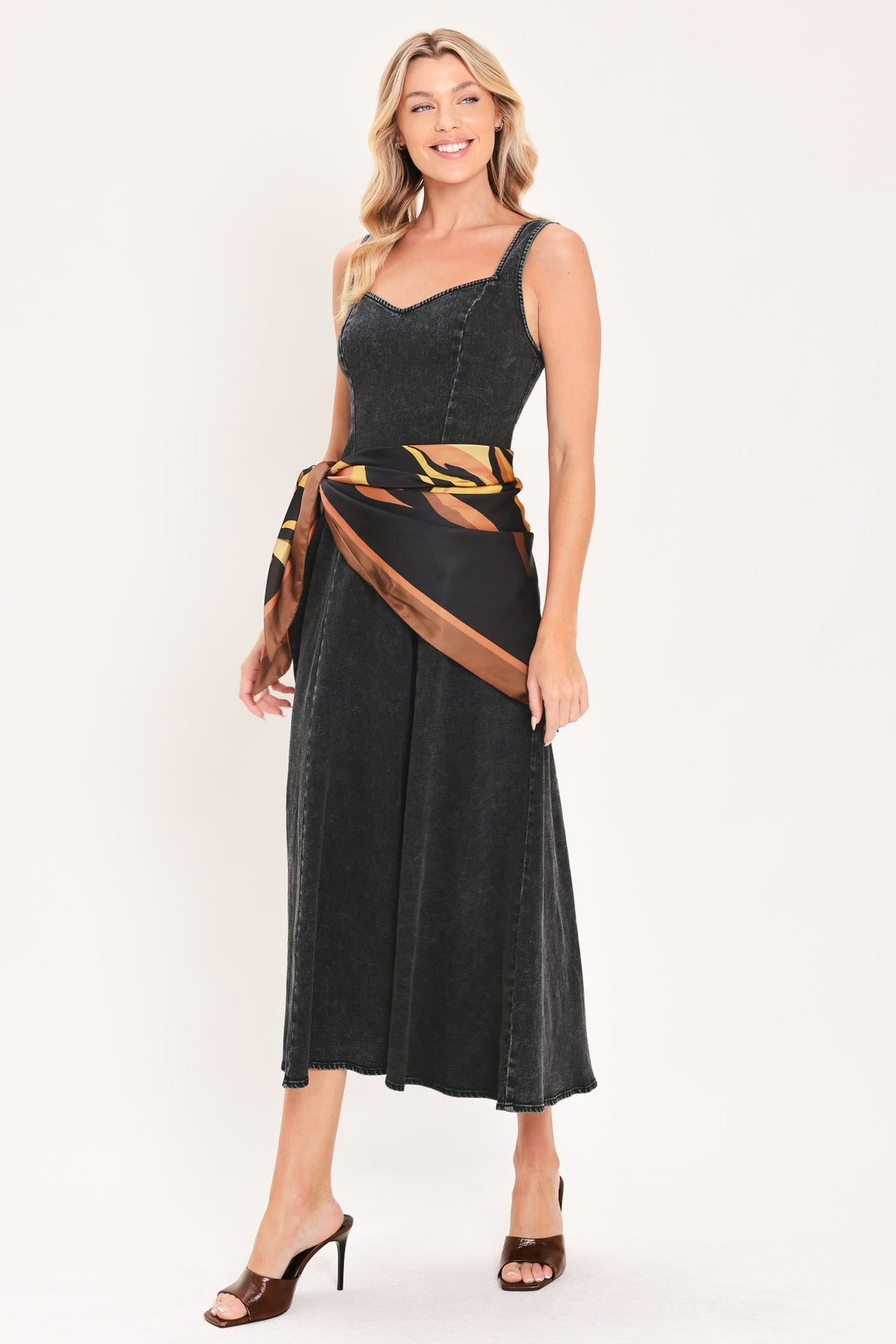 DARKWASH SCARF ELEGANCE DENIM MIDI DRESS - Glamourous Grace