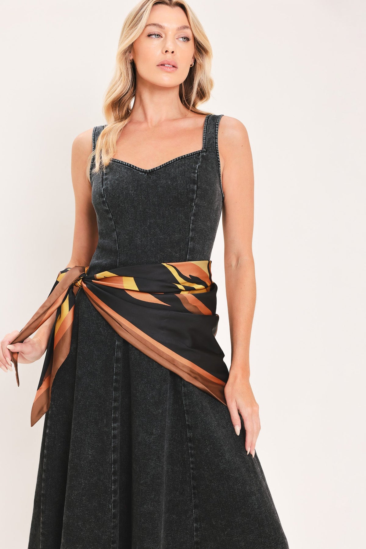 DARKWASH SCARF ELEGANCE DENIM MIDI DRESS - Glamourous Grace