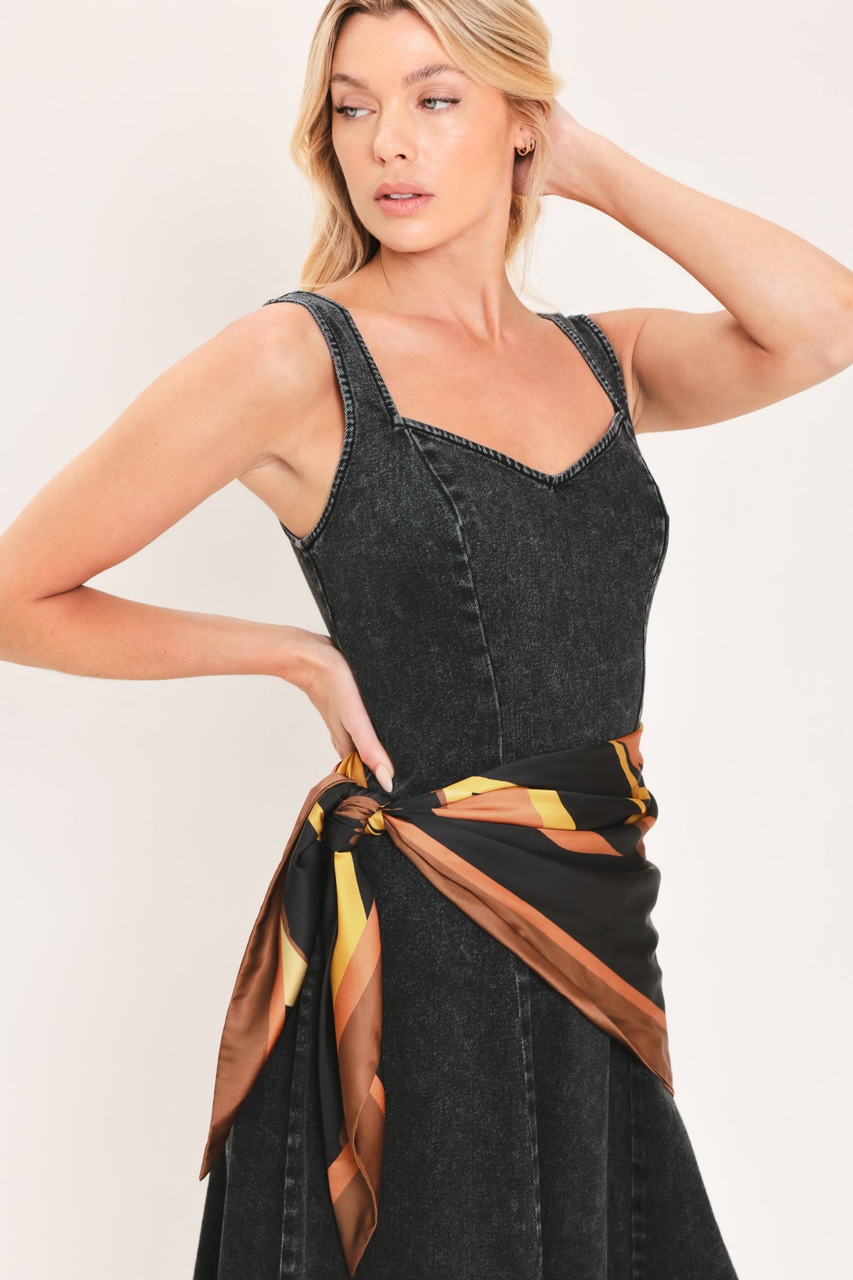 DARKWASH SCARF ELEGANCE DENIM MIDI DRESS - Glamourous Grace
