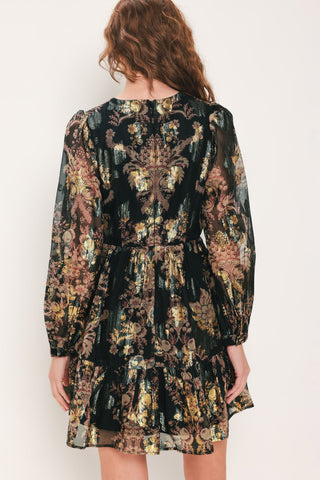 MIDNIGHT FLIRT BLACK PRINTED RUFFLE-HEM MINI DRESS