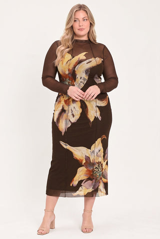MOCHA MYSTIQUE DARK BROWN PRINTED MESH MIDI DRESS