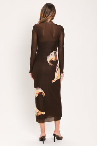 MOCHA MYSTIQUE DARK BROWN PRINTED MESH MIDI DRESS