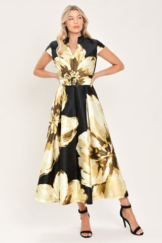 NOIR CHARM BLACK PRINTED BELTED FULL-SKIRT MIDI DRESS