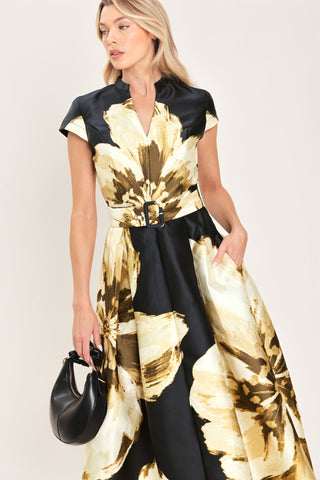 NOIR CHARM BLACK PRINTED BELTED FULL-SKIRT MIDI DRESS