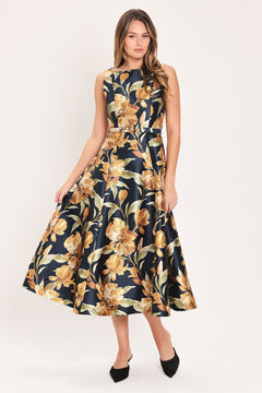 NAVY SONNET NAVY PRINTED BELTED CIRCLE-SKIRT MIDI DRESS
