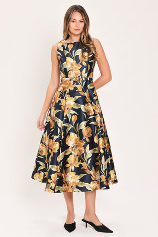 NAVY SONNET NAVY PRINTED BELTED CIRCLE-SKIRT MIDI DRESS