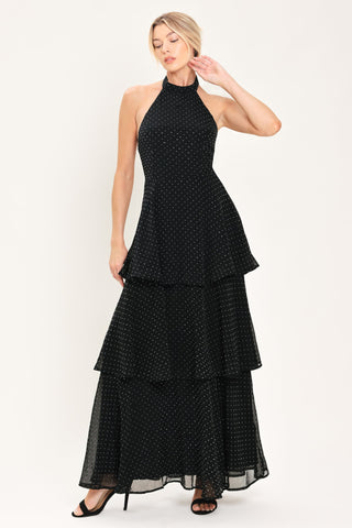 MIDNIGHT SPARK BLACK EMBELLISHED HALTER LAYERED MAXI DRESS
