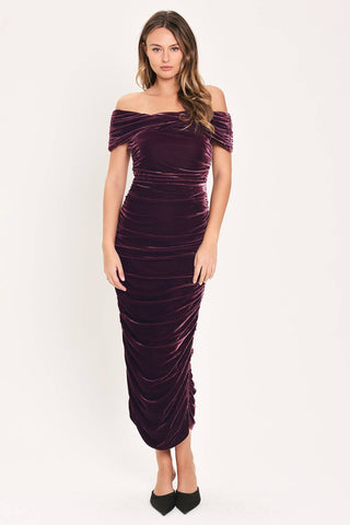 PLUM EMBRACE PLUM VELVET OFF-SHOULDER RUCHED MIDI DRESS