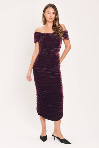 PLUM EMBRACE PLUM VELVET OFF-SHOULDER RUCHED MIDI DRESS