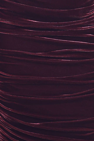 PLUM EMBRACE PLUM VELVET OFF-SHOULDER RUCHED MIDI DRESS