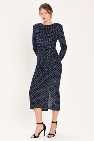 NAVY VEIL NAVY METALLIC BURNOUT VELVET RUCHED MIDI DRESS
