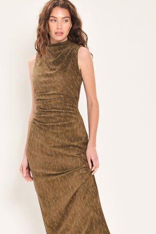 WALNUT GLOW EMBELLISHED FAUX SUEDE MIDI DRESS