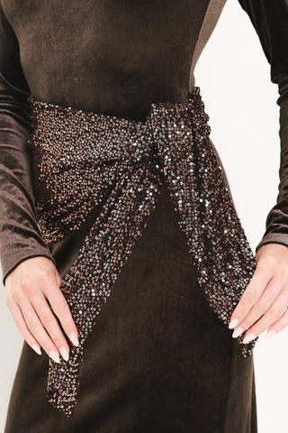 ESPRESSO EVENING VELVET SEQUIN-SCARF MIDI DRESS