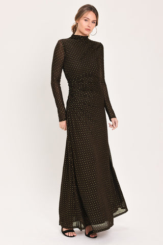 COCOA VEIL DARK BROWN BURNOUT VELVET MESH MAXI DRESS