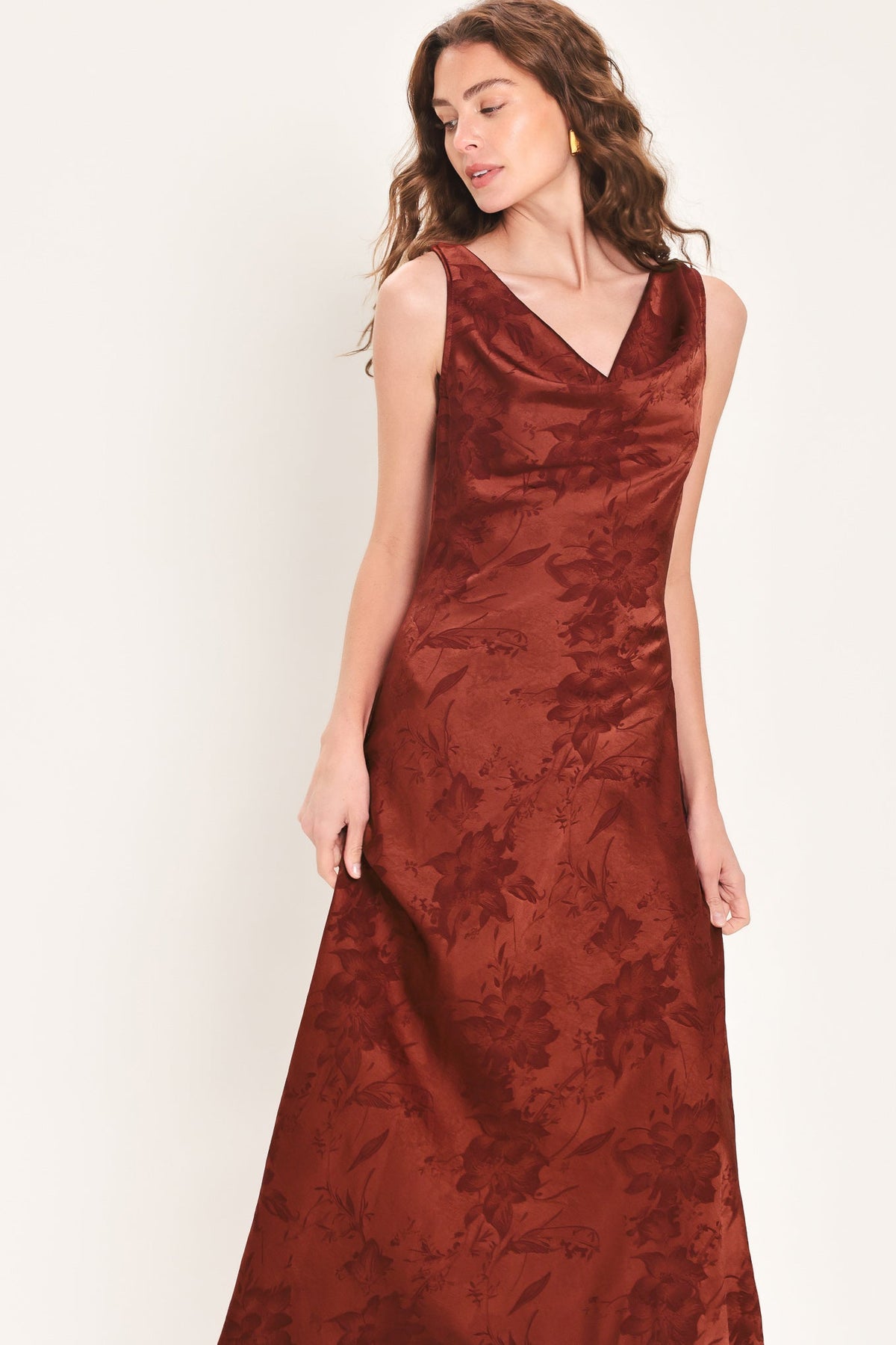 BRICK BEAUTY JACQUARD COWL-NECK TWIST-BACK MIDI DRESS