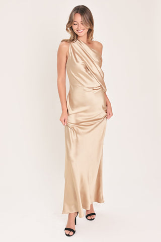 GILDED DRAPE SATIN ONE-SHOULDER MAXI DRESS