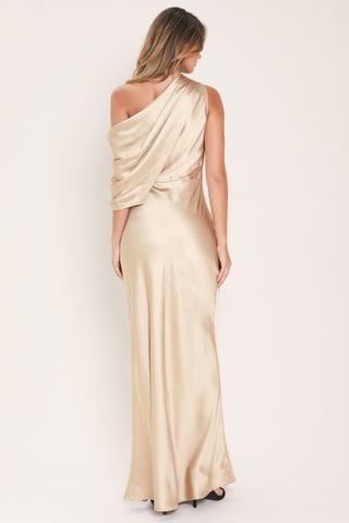 GILDED DRAPE SATIN ONE-SHOULDER MAXI DRESS