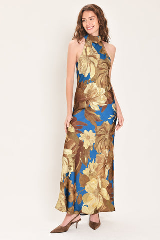 DEEP TEAL DREAM PRINTED HIGH-HALTER MAXI DRESS