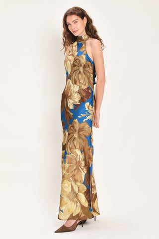 DEEP TEAL DREAM PRINTED HIGH-HALTER MAXI DRESS