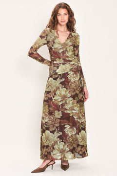 MAROON MUSE DARK MAROON PRINTED SCARF-SASH MESH MAXI DRESS
