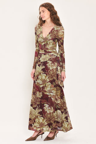 MAROON MUSE DARK MAROON PRINTED SCARF-SASH MESH MAXI DRESS