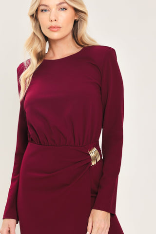 BORDEAUX SCULPT BURGUNDY GATHERED HARDWARE MIDI DRESS