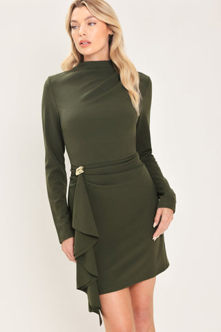 OLIVE ATTITUDE DARK OLIVE FUNNEL-NECK RUFFLE MINI DRESS