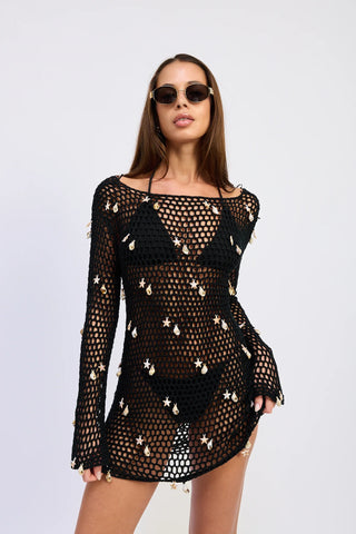 Dahlia Black Crochet Seashell Mini Dress Cover Up