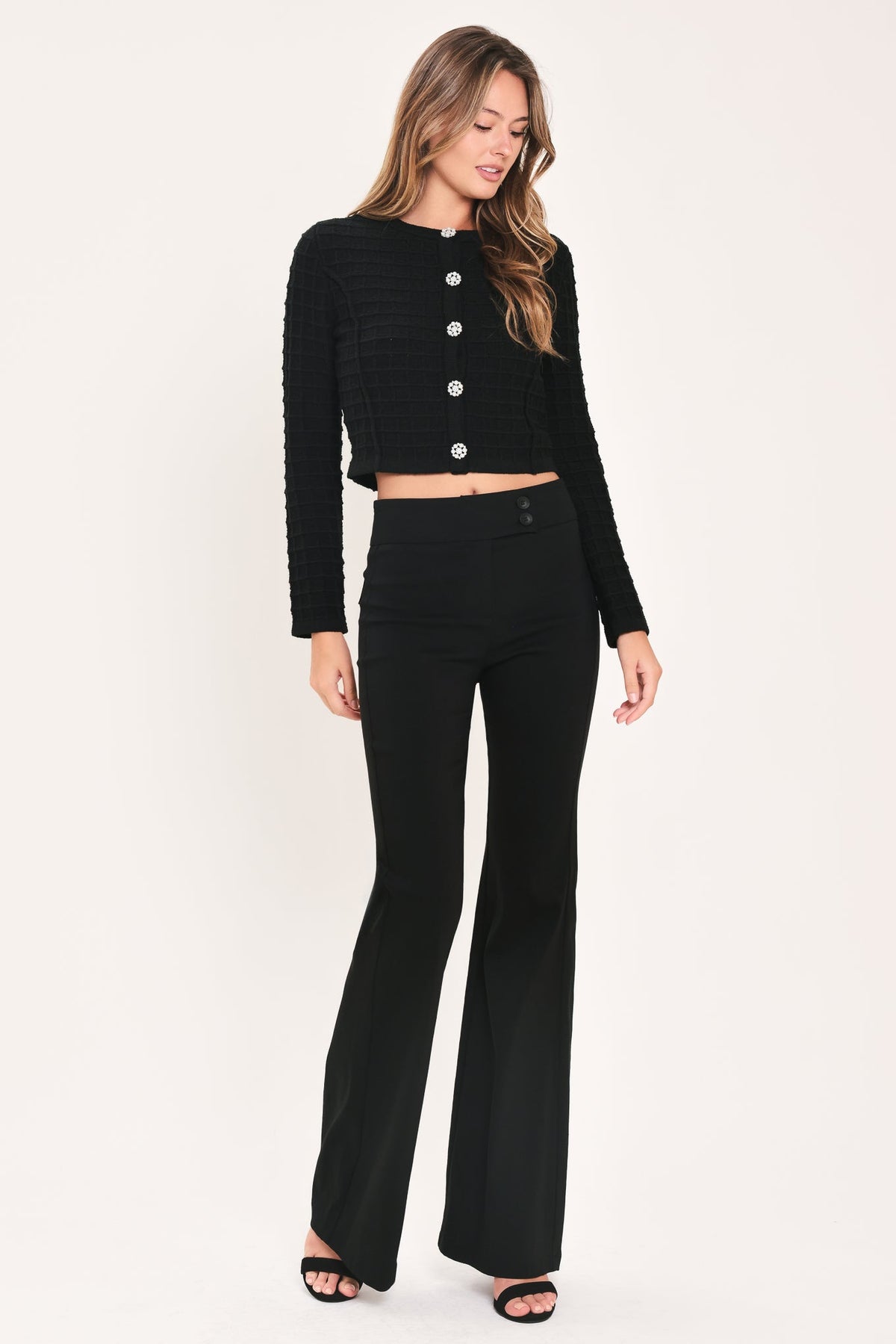 POLISHED MOMENT BLACK JEWEL-BUTTON CROPPED SWEATER TOP