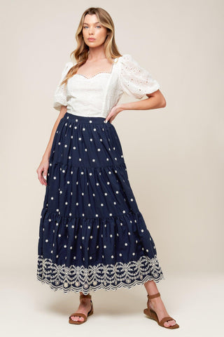 BEBE ALERT NAVY WOVEN MIDI SKIRT - Glamourous Grace