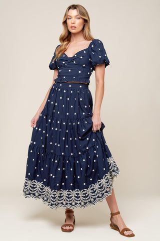 BEBE ALERT NAVY WOVEN MIDI SKIRT - Glamourous Grace