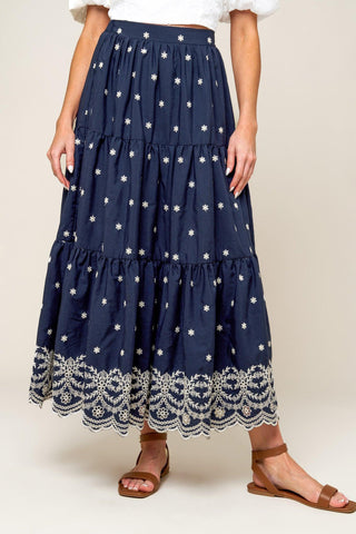 BEBE ALERT NAVY WOVEN MIDI SKIRT - Glamourous Grace
