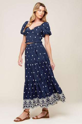 BEBE ALERT NAVY WOVEN MIDI SKIRT - Glamourous Grace