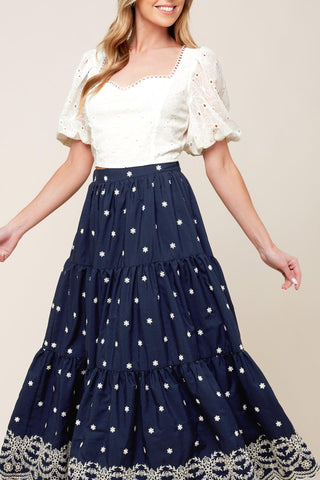 BEBE ALERT NAVY WOVEN MIDI SKIRT - Glamourous Grace