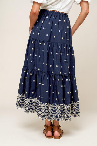 BEBE ALERT NAVY WOVEN MIDI SKIRT - Glamourous Grace