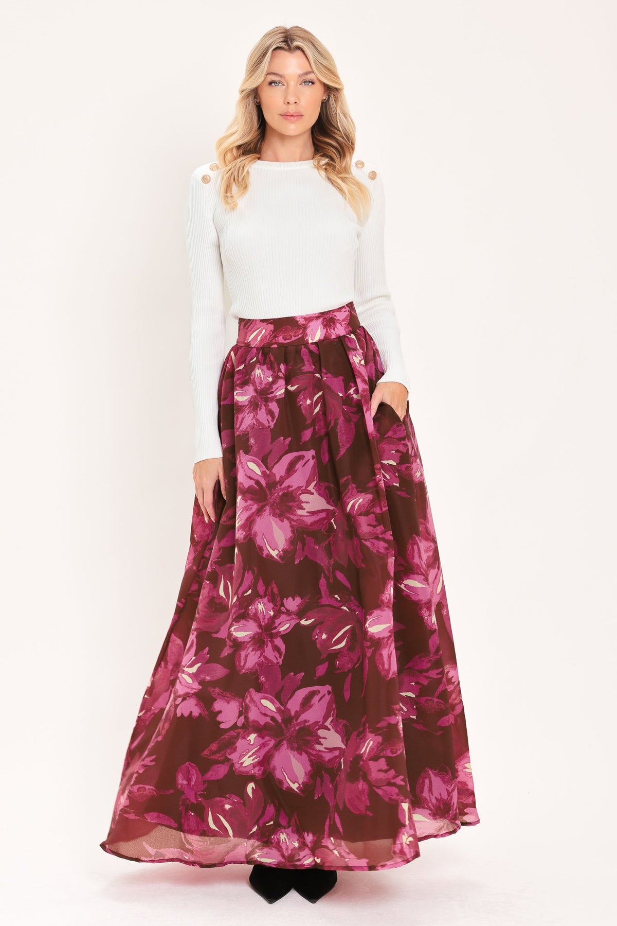MAGENTA BLOOM CASCADE WOVEN MAXI FULL SKIRT - Glamourous Grace
