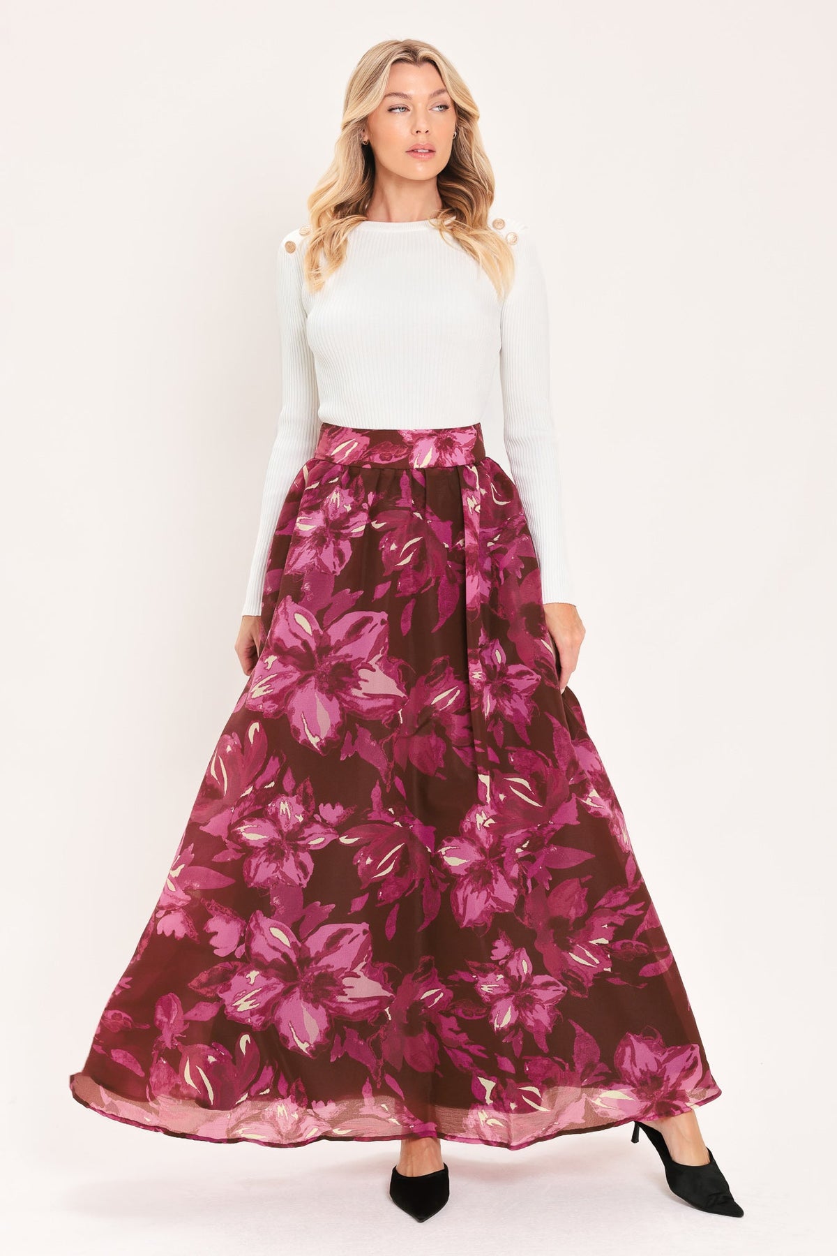 MAGENTA BLOOM CASCADE WOVEN MAXI FULL SKIRT - Glamourous Grace