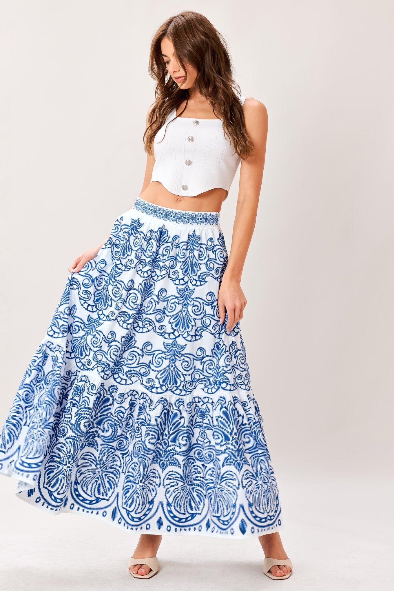 AZURE ORNATE WOVEN FULL MIDI SKIRT - Glamourous Grace